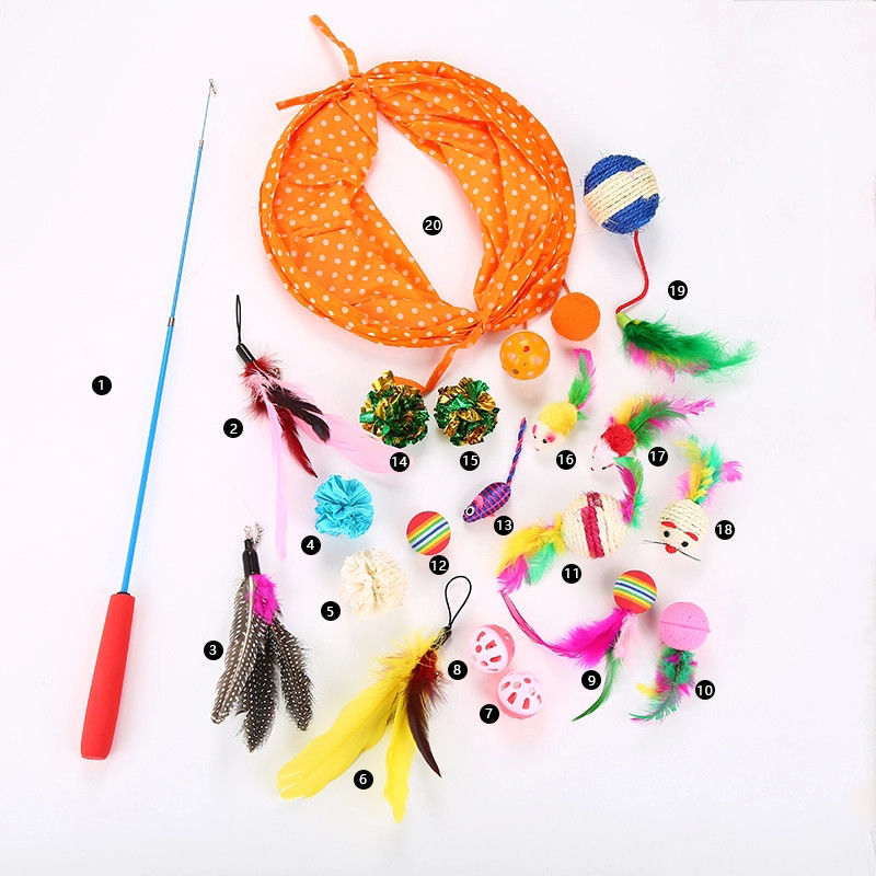 20 Fisch-flaumige Mäusemäusebälle PC-Cat Toys Kitten Toys Assorteds Cat Tunnel Feather Teaser Wand und Bell-Spielwaren für Katze