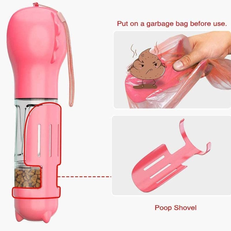Tragbare wasserundurchlässige rosa Wasser-Flasche des Hund4 In1 mit Nahrungsmittelbehälter u. überschüssiger Tasche