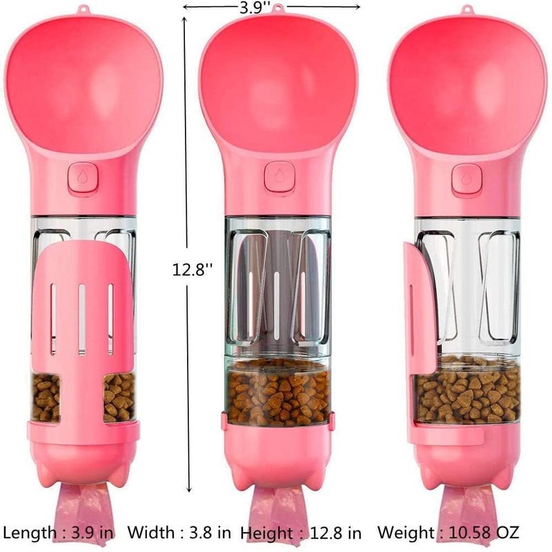 Tragbare wasserundurchlässige rosa Wasser-Flasche des Hund4 In1 mit Nahrungsmittelbehälter u. überschüssiger Tasche